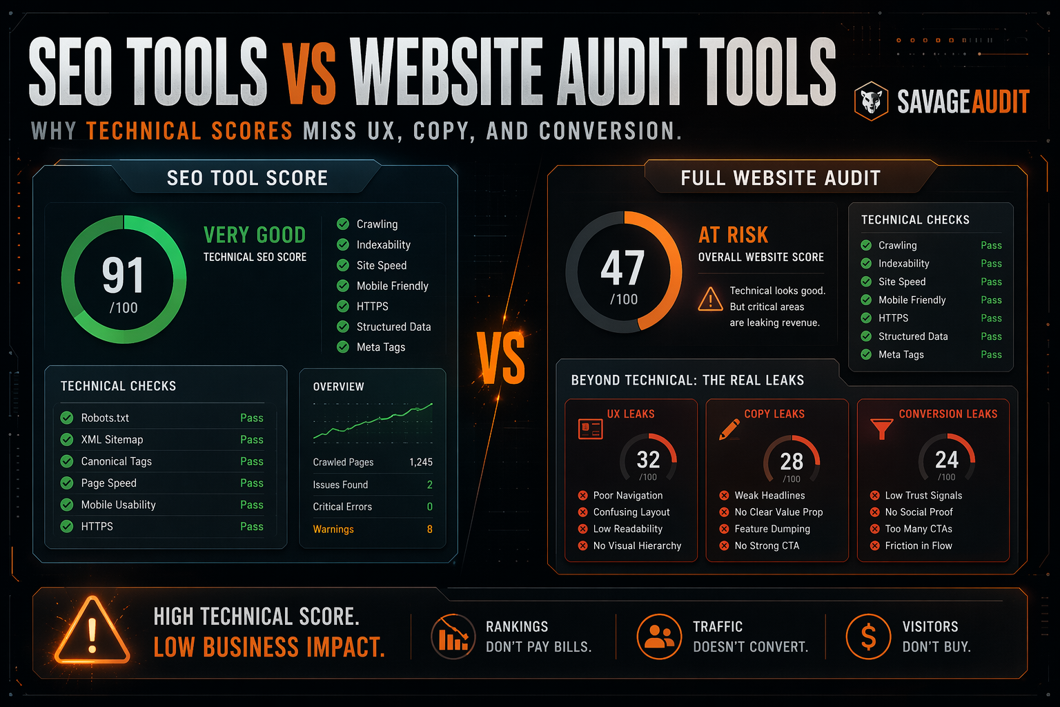 SavageAudit dashboard comparing SEO audit tools against full website audit tools with technical checks, UX, copy, and conversion leak panels.