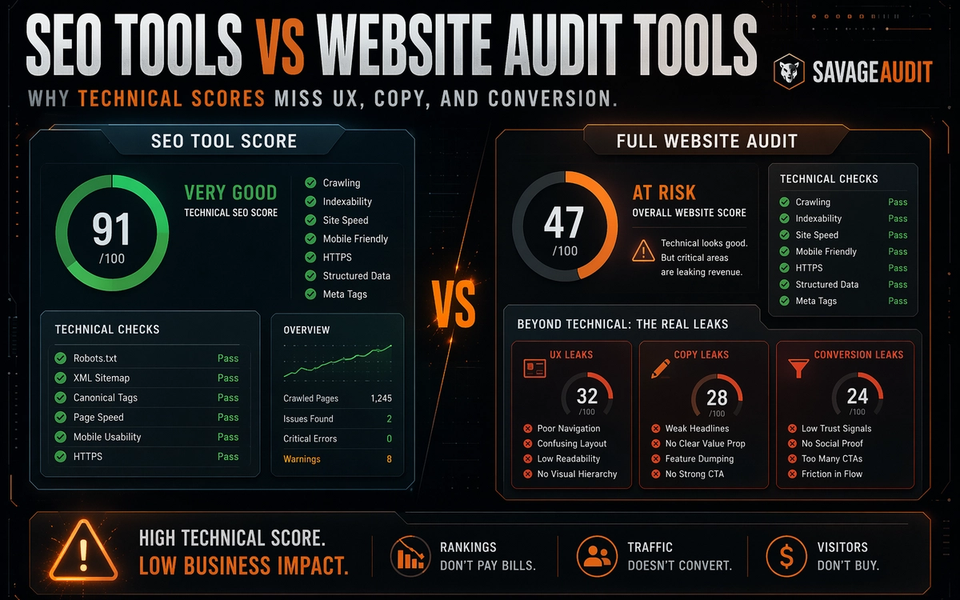SavageAudit dashboard comparing SEO audit tools against full website audit tools with technical checks, UX, copy, and conversion leak panels. SavageAudit dashboard comparing SEO audit tools against full website audit tools with technical checks, UX, copy, and conversion leak panels.