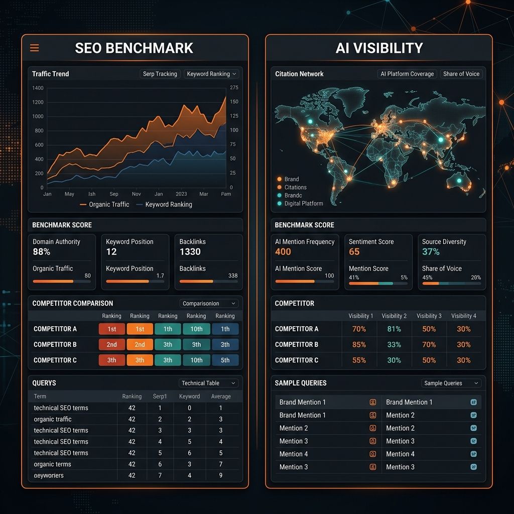 Dark SavageAudit-style dashboard comparing SEO benchmarking metrics with AI visibility and citation benchmarking panels