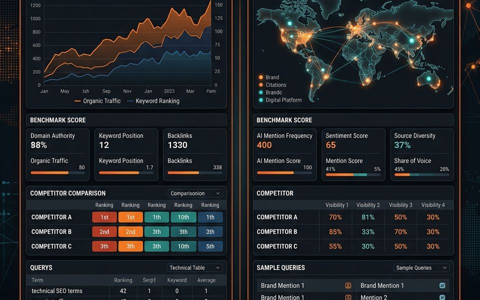 Dark SavageAudit-style dashboard comparing SEO benchmarking metrics with AI visibility and citation benchmarking panels Dark SavageAudit-style dashboard comparing SEO benchmarking metrics with AI visibility and citation benchmarking panels