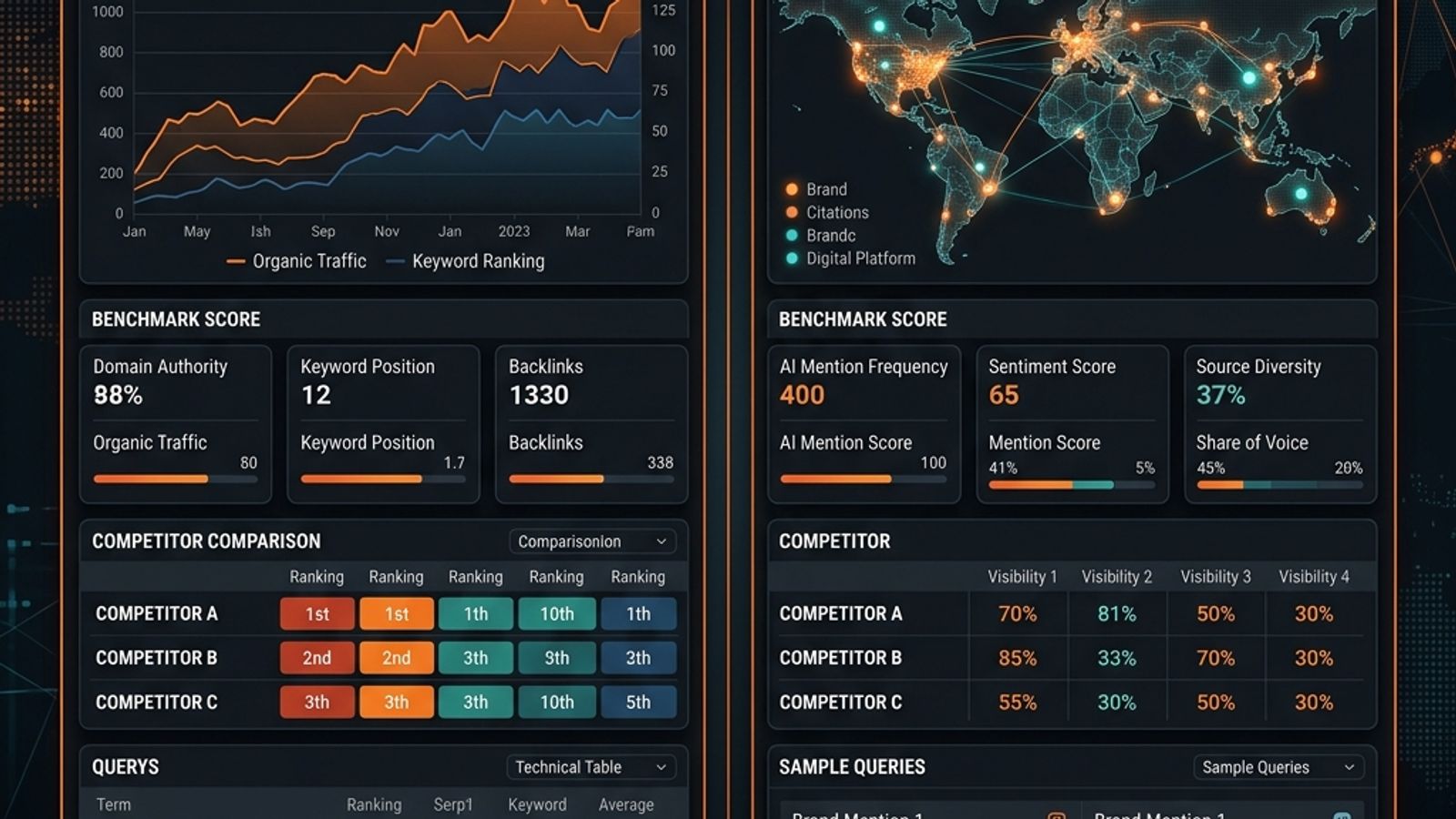 Dark SavageAudit-style dashboard comparing SEO benchmarking metrics with AI visibility and citation benchmarking panels Dark SavageAudit-style dashboard comparing SEO benchmarking metrics with AI visibility and citation benchmarking panels