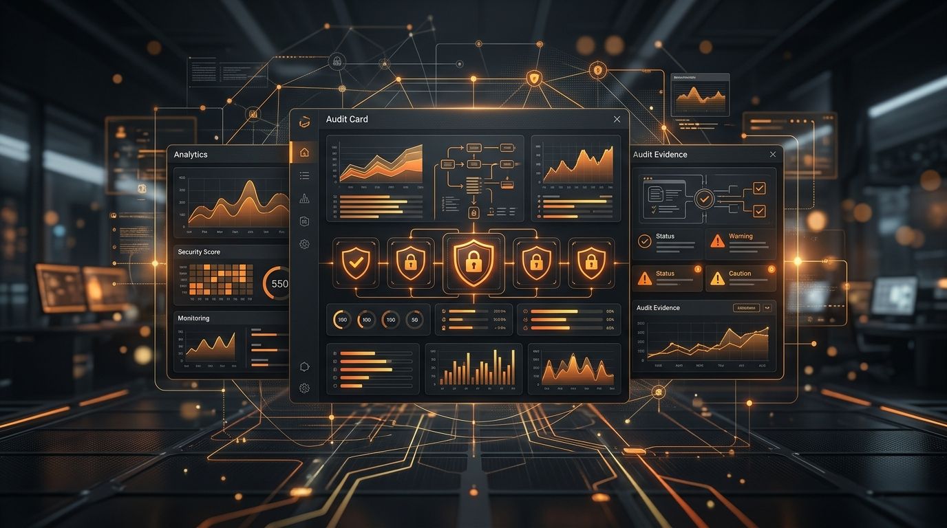 Abstract dark AI audit privacy dashboard with orange security and website analysis panels
