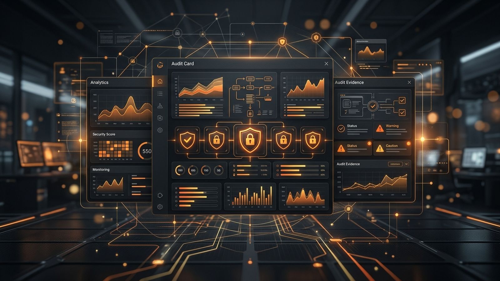 Abstract dark AI audit privacy dashboard with orange security and website analysis panels Abstract dark AI audit privacy dashboard with orange security and website analysis panels