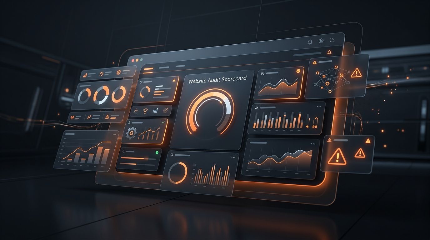 Abstract dark website audit scorecard dashboard with orange accents