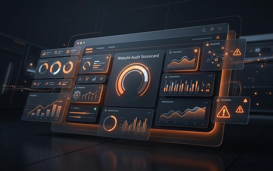 Abstract dark website audit scorecard dashboard with orange accents Abstract dark website audit scorecard dashboard with orange accents