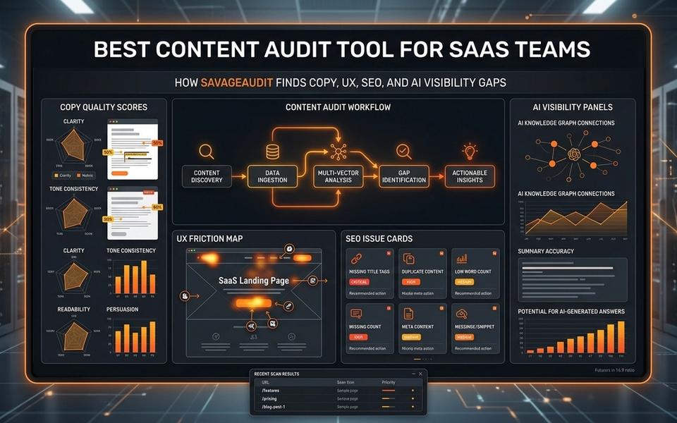 Dark SavageAudit content audit dashboard for SaaS copy, UX, SEO, and AI visibility gaps. Dark SavageAudit content audit dashboard for SaaS copy, UX, SEO, and AI visibility gaps.