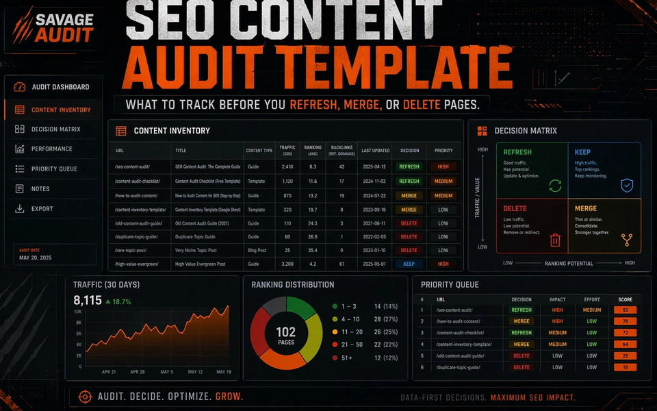SavageAudit SEO content audit template dashboard with content inventory, refresh merge delete keep decision matrix, and priority queue panels. SavageAudit SEO content audit template dashboard with content inventory, refresh merge delete keep decision matrix, and priority queue panels.