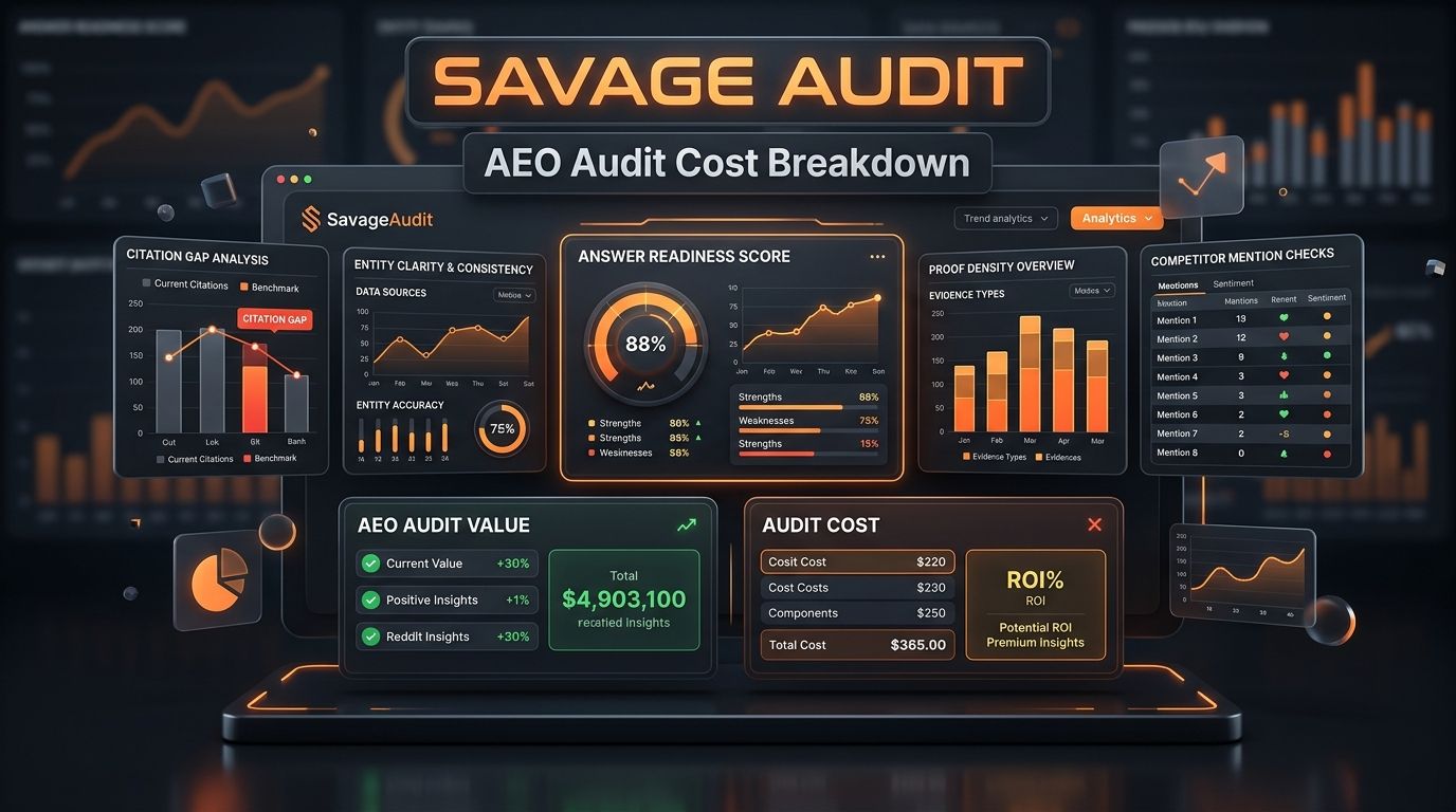 Dark SavageAudit dashboard showing AEO audit cost breakdown, answer readiness, and citation gap analysis.