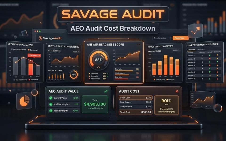 Dark SavageAudit dashboard showing AEO audit cost breakdown, answer readiness, and citation gap analysis. Dark SavageAudit dashboard showing AEO audit cost breakdown, answer readiness, and citation gap analysis.