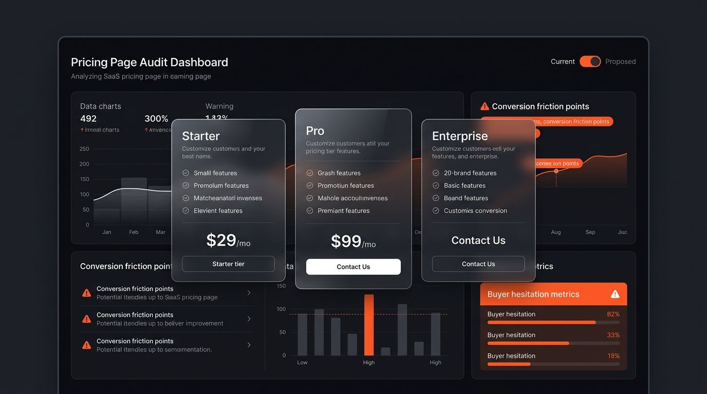 Dark minimalist SaaS pricing page audit dashboard showing floating pricing tier cards, conversion friction warning badges, and buyer hesitation metrics