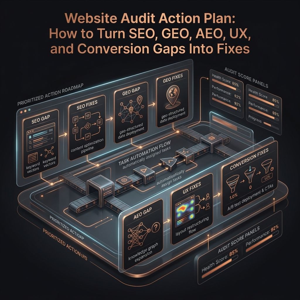 Premium futuristic SavageAudit command-center dashboard turning SEO, GEO, AEO, UX, and conversion gaps into prioritized action fixes