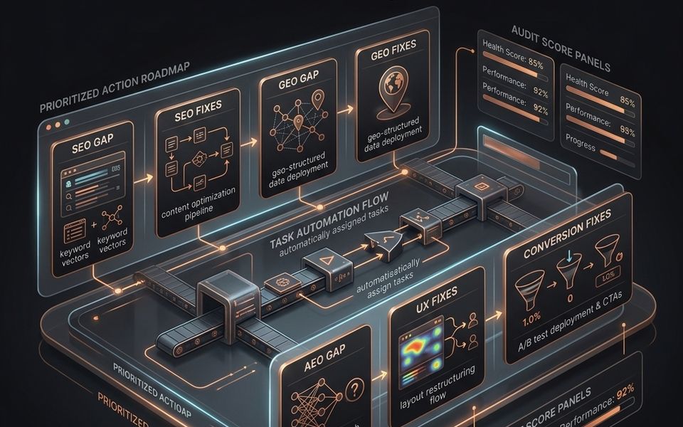 Premium futuristic SavageAudit command-center dashboard turning SEO, GEO, AEO, UX, and conversion gaps into prioritized action fixes Premium futuristic SavageAudit command-center dashboard turning SEO, GEO, AEO, UX, and conversion gaps into prioritized action fixes