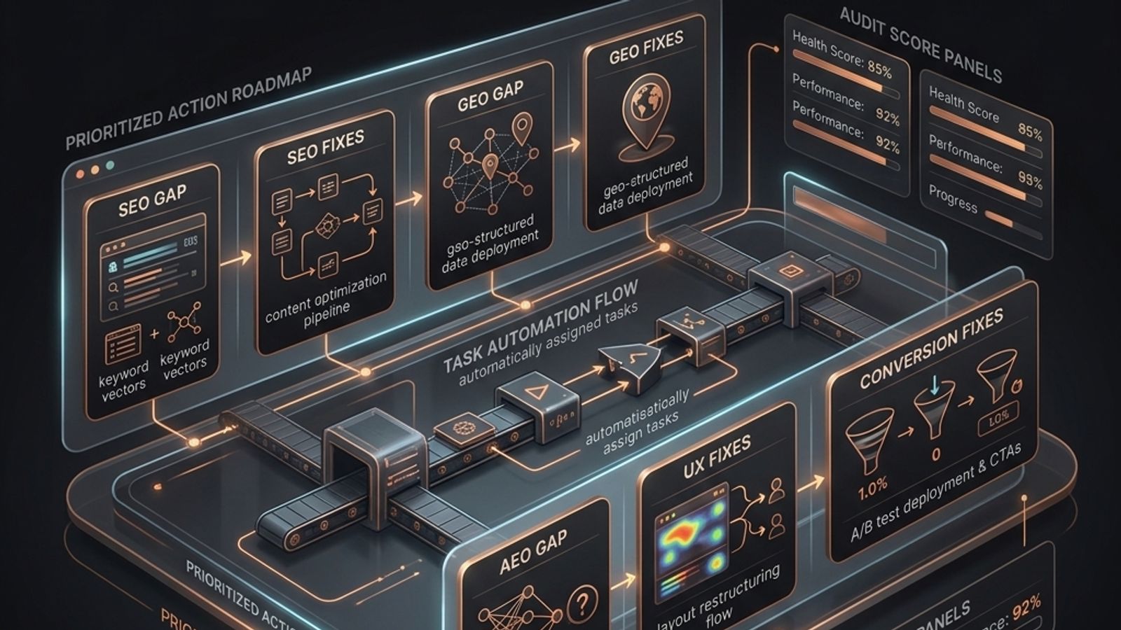 Premium futuristic SavageAudit command-center dashboard turning SEO, GEO, AEO, UX, and conversion gaps into prioritized action fixes Premium futuristic SavageAudit command-center dashboard turning SEO, GEO, AEO, UX, and conversion gaps into prioritized action fixes