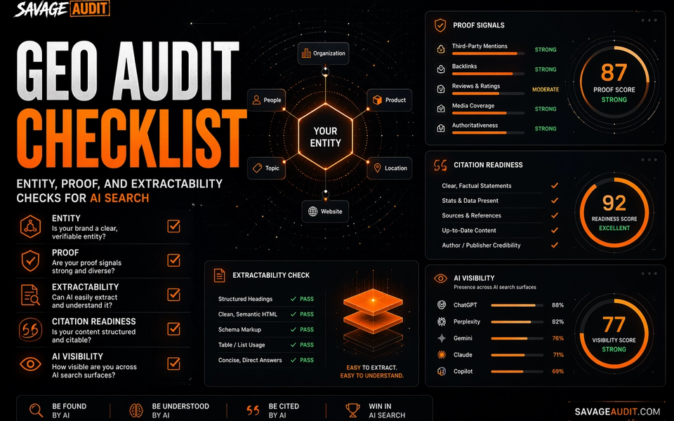 SavageAudit GEO audit checklist dashboard showing entity graph, proof signals, citation readiness, and AI search extractability panels. SavageAudit GEO audit checklist dashboard showing entity graph, proof signals, citation readiness, and AI search extractability panels.
