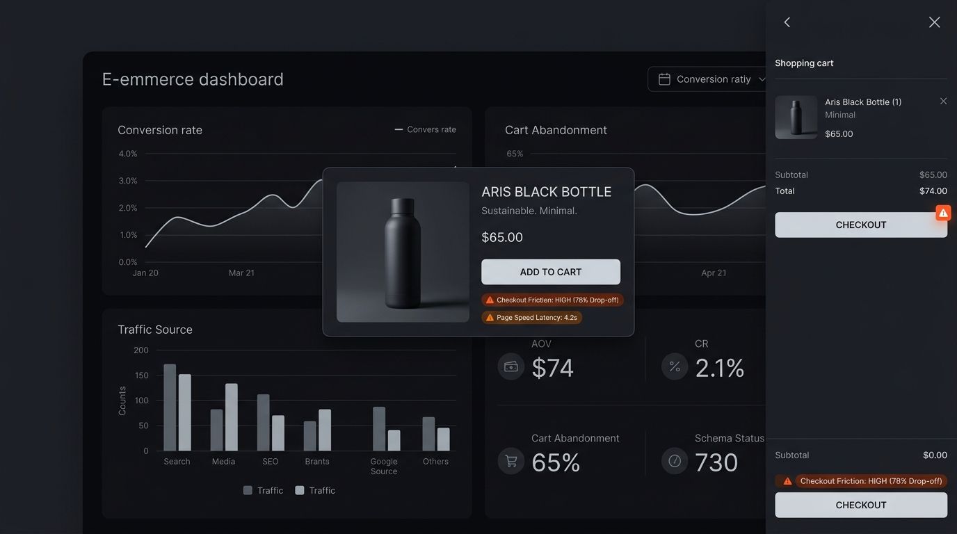 Dark minimalist Shopify website audit dashboard showing DTC product card, mobile cart drawer metrics, and checkout conversion friction warning badges
