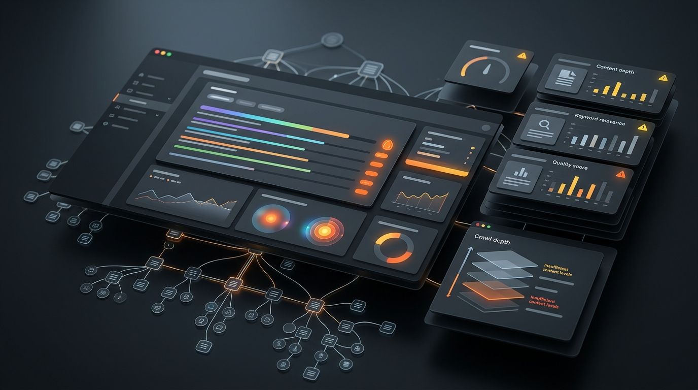 Abstract dark website audit dashboard showing crawl data, content quality cards, and conversion warning panels for a Screaming Frog content audit comparison.