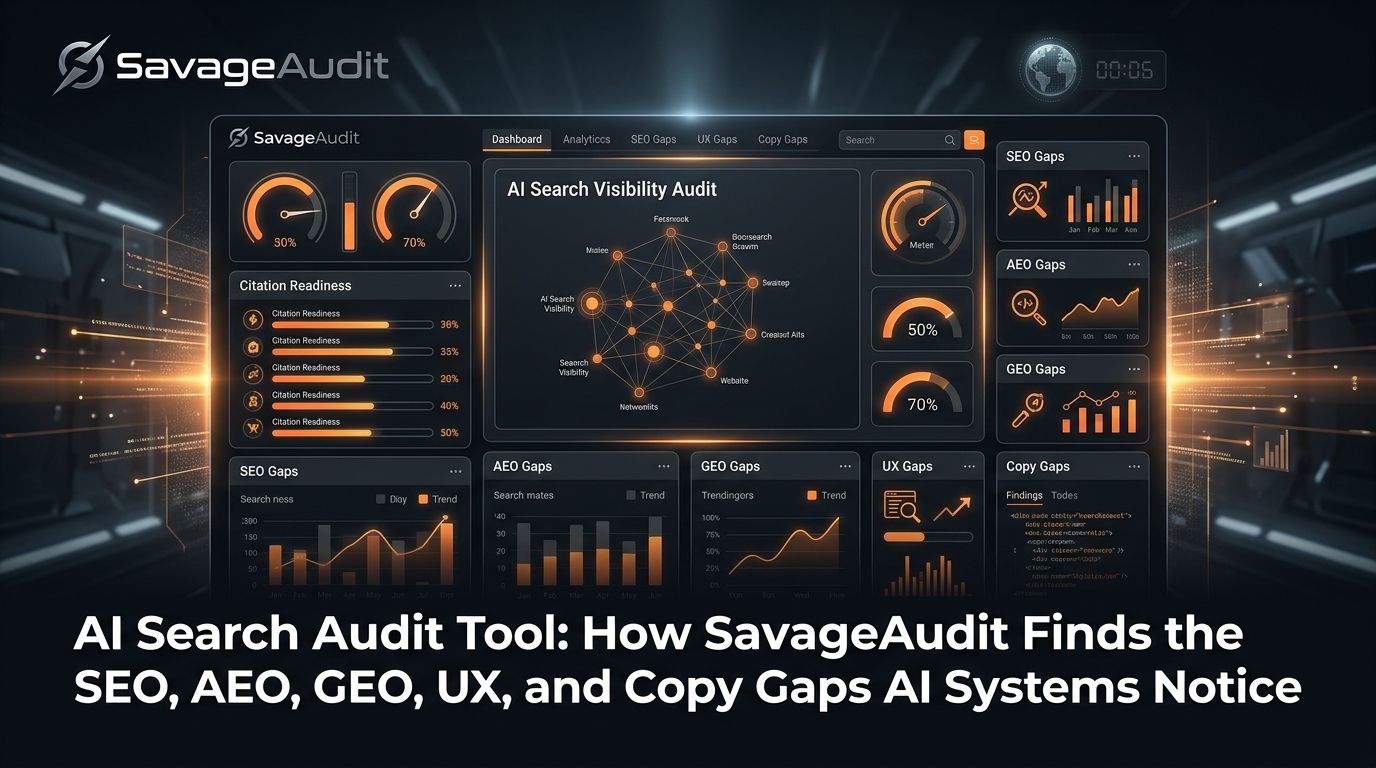 Dark SavageAudit dashboard showing AI search audit signals across SEO, AEO, GEO, UX, and copy gaps.