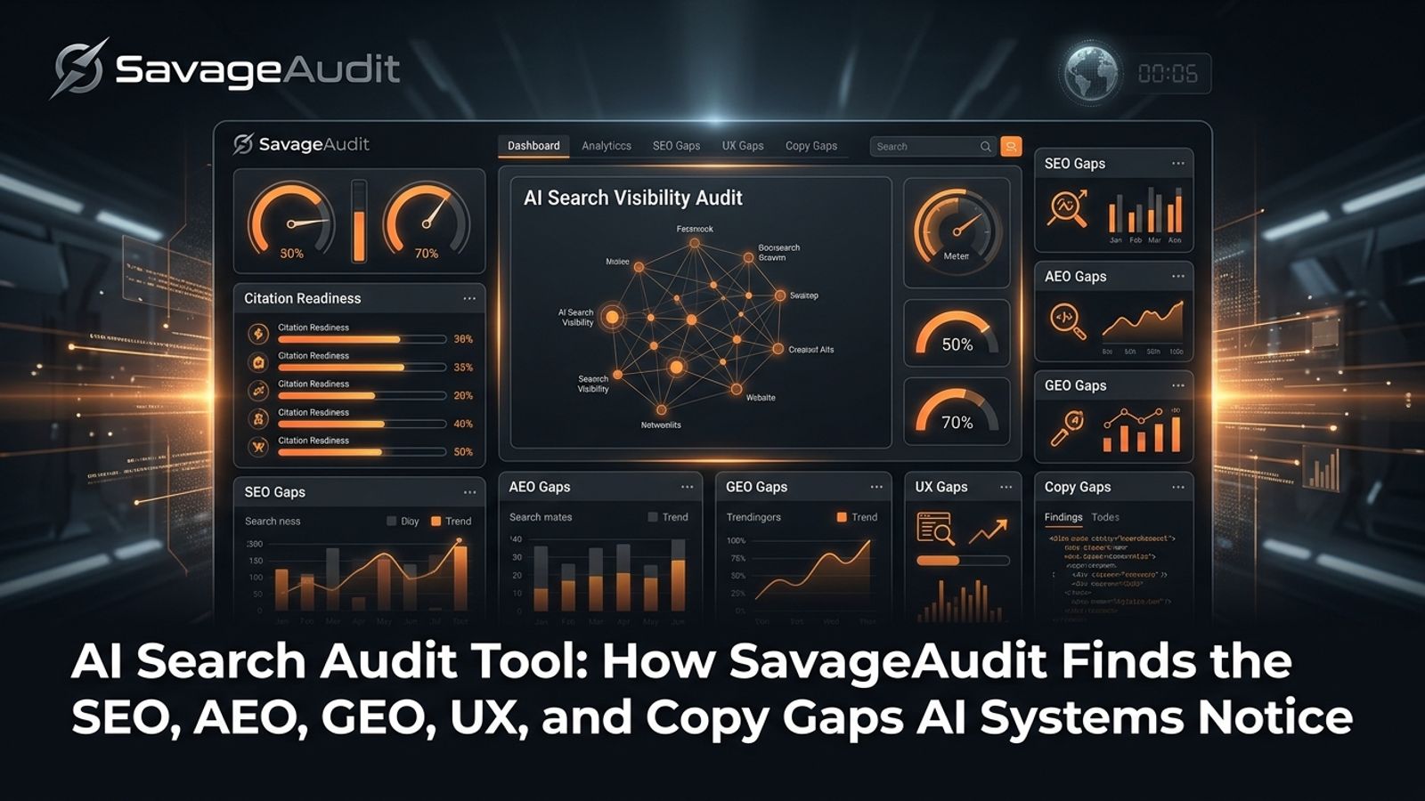 Dark SavageAudit dashboard showing AI search audit signals across SEO, AEO, GEO, UX, and copy gaps. Dark SavageAudit dashboard showing AI search audit signals across SEO, AEO, GEO, UX, and copy gaps.