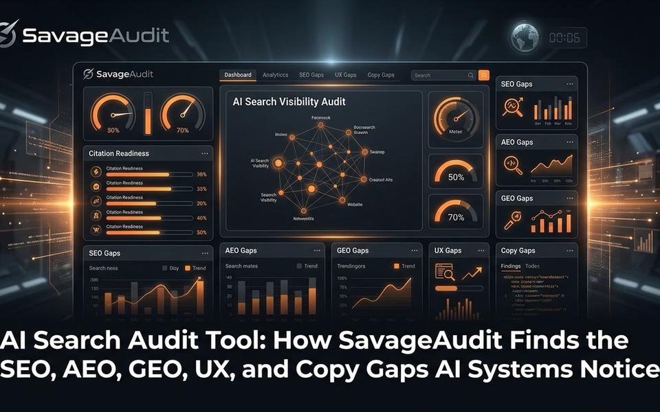 Dark SavageAudit dashboard showing AI search audit signals across SEO, AEO, GEO, UX, and copy gaps. Dark SavageAudit dashboard showing AI search audit signals across SEO, AEO, GEO, UX, and copy gaps.