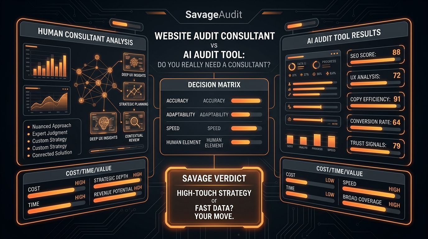 Dark SavageAudit dashboard comparing website audit consultant value with AI audit tool outputs.