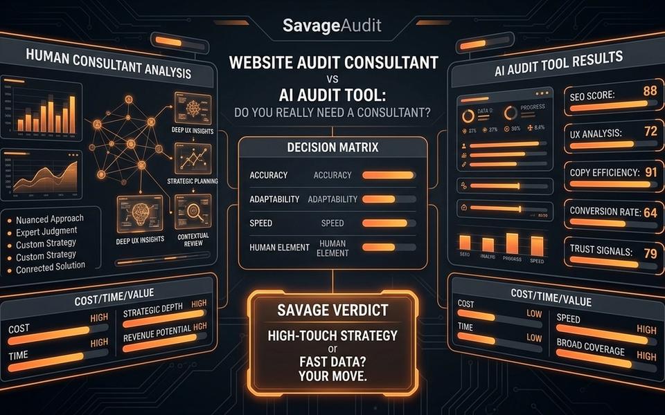 Dark SavageAudit dashboard comparing website audit consultant value with AI audit tool outputs. Dark SavageAudit dashboard comparing website audit consultant value with AI audit tool outputs.
