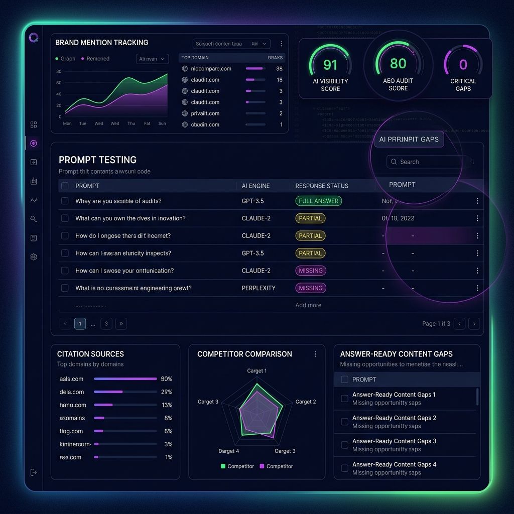 AI search visibility audit dashboard showing prompts, citations, competitors, and AEO gaps