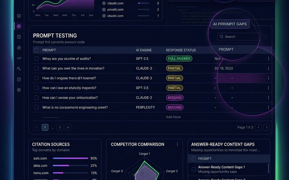 AI search visibility audit dashboard showing prompts, citations, competitors, and AEO gaps AI search visibility audit dashboard showing prompts, citations, competitors, and AEO gaps