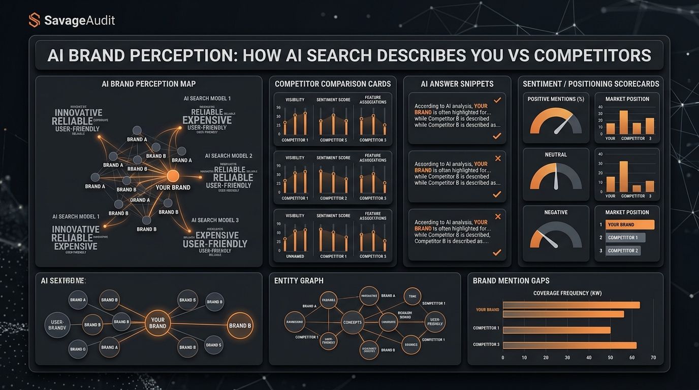 Dark SavageAudit dashboard showing AI brand perception, competitor descriptions, and entity gaps.
