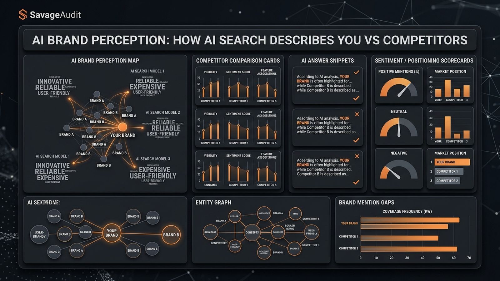 Dark SavageAudit dashboard showing AI brand perception, competitor descriptions, and entity gaps. Dark SavageAudit dashboard showing AI brand perception, competitor descriptions, and entity gaps.