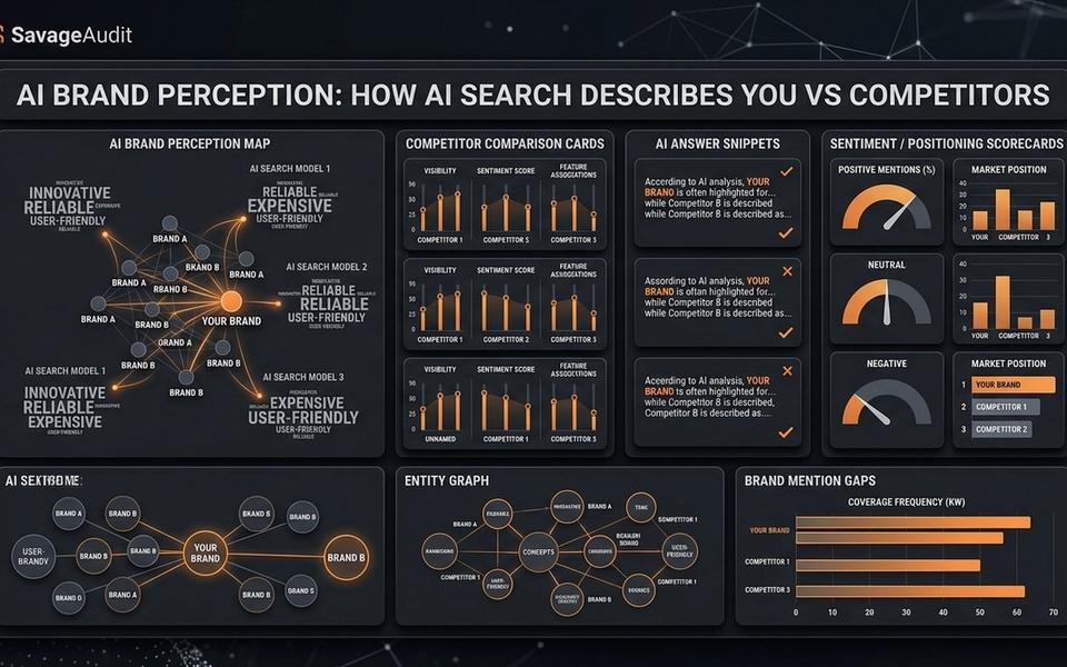 Dark SavageAudit dashboard showing AI brand perception, competitor descriptions, and entity gaps. Dark SavageAudit dashboard showing AI brand perception, competitor descriptions, and entity gaps.