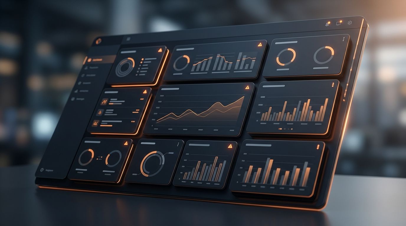 Abstract dark AEO audit dashboard with orange analytics panels and citation gap signals