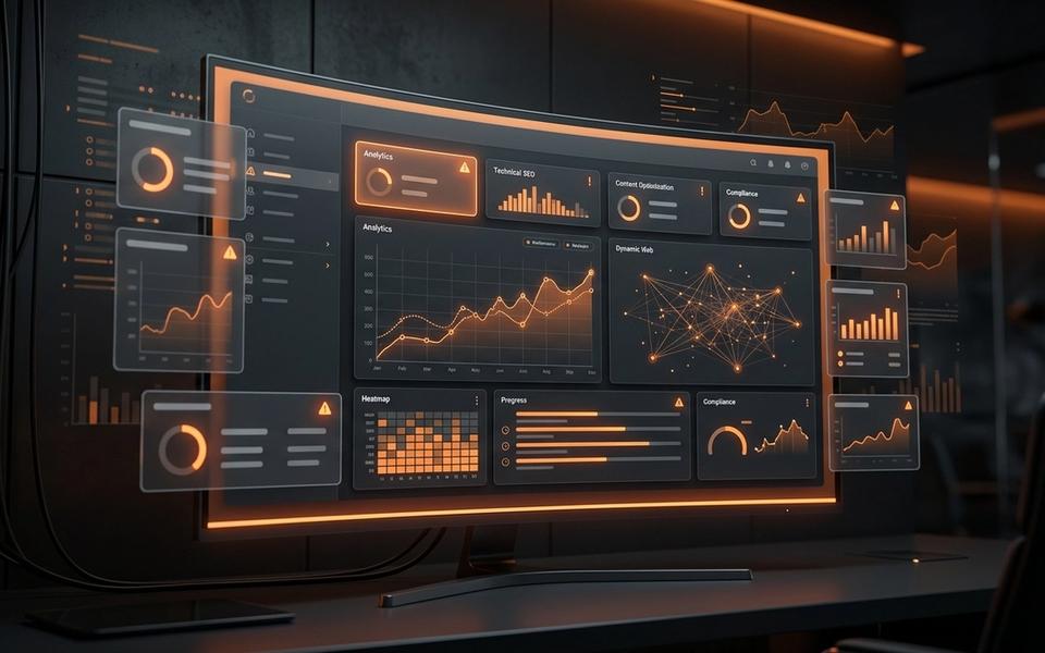 Dark AI visibility audit dashboard showing product page answer, proof, and citation readiness signals. Dark AI visibility audit dashboard showing product page answer, proof, and citation readiness signals.