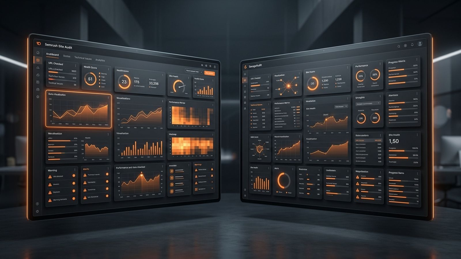 Abstract dark website audit dashboard comparing technical site health with broader website roast insights Abstract dark website audit dashboard comparing technical site health with broader website roast insights