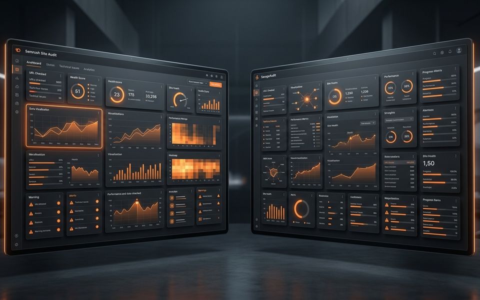 Abstract dark website audit dashboard comparing technical site health with broader website roast insights Abstract dark website audit dashboard comparing technical site health with broader website roast insights