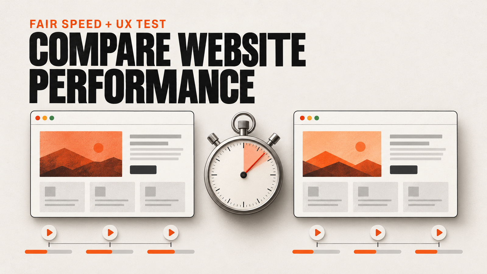 Two matching website layouts beside a stopwatch and repeated timing tracks, illustrating a fair speed comparison.