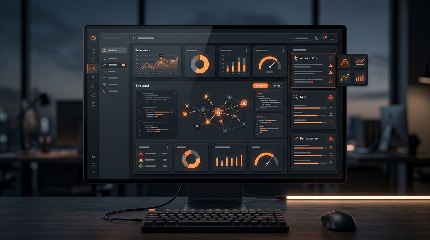 Dark website audit dashboard with orange warning panels for a developer pre-ship audit checklist.