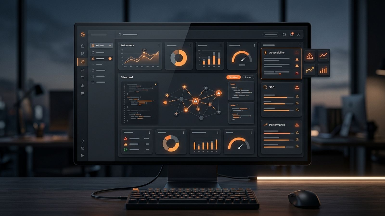 Dark website audit dashboard with orange warning panels for a developer pre-ship audit checklist. Dark website audit dashboard with orange warning panels for a developer pre-ship audit checklist.