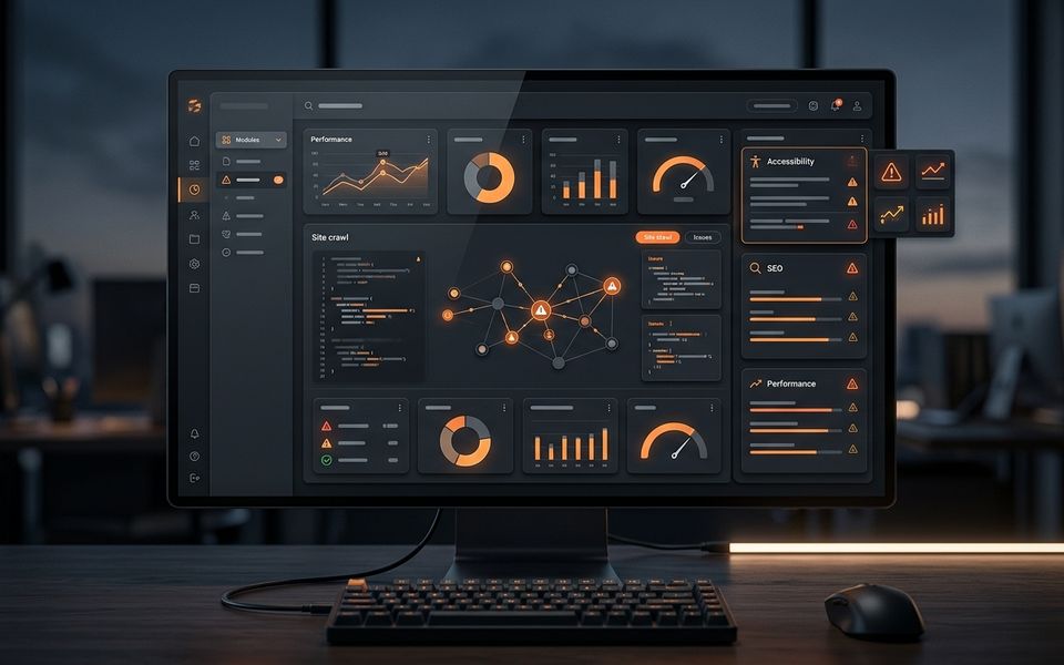 Dark website audit dashboard with orange warning panels for a developer pre-ship audit checklist. Dark website audit dashboard with orange warning panels for a developer pre-ship audit checklist.
