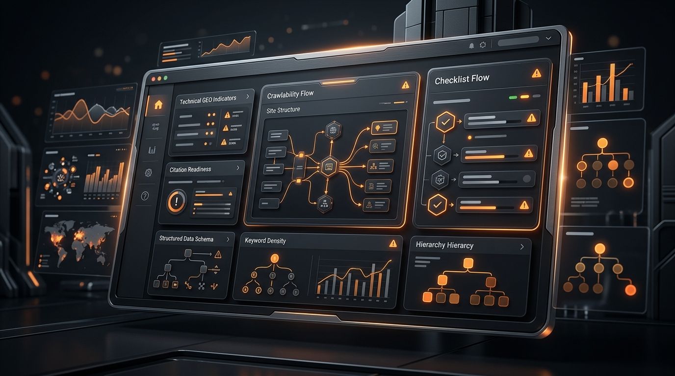 Abstract dark website audit dashboard showing technical GEO crawlability and citation readiness signals