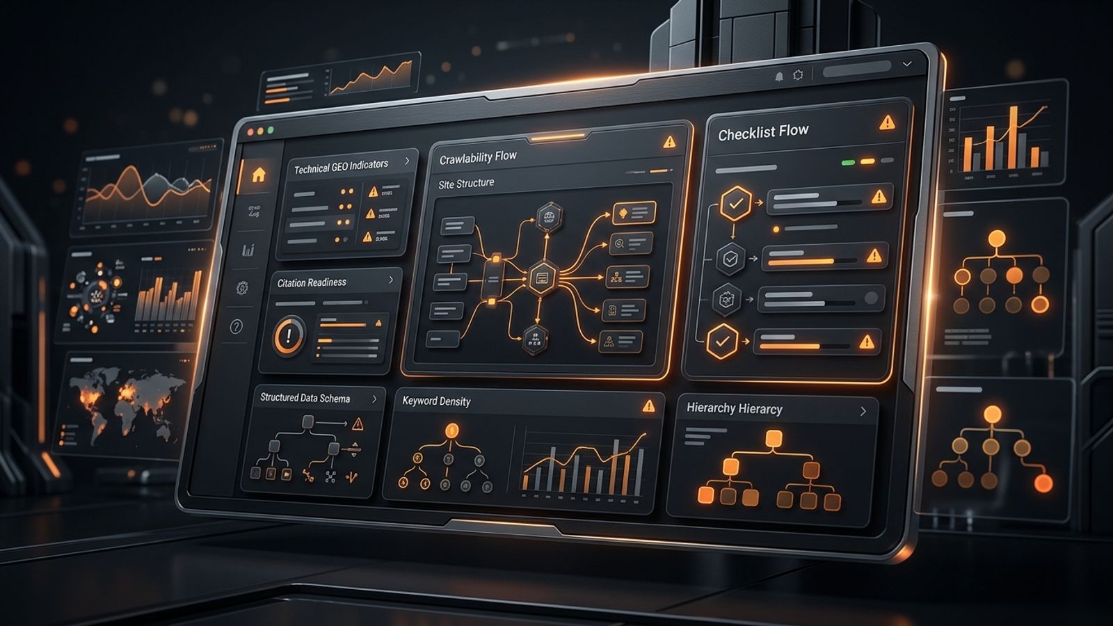 Abstract dark website audit dashboard showing technical GEO crawlability and citation readiness signals Abstract dark website audit dashboard showing technical GEO crawlability and citation readiness signals