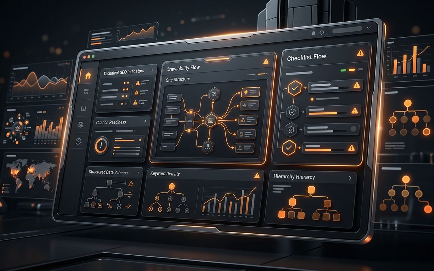 Abstract dark website audit dashboard showing technical GEO crawlability and citation readiness signals Abstract dark website audit dashboard showing technical GEO crawlability and citation readiness signals