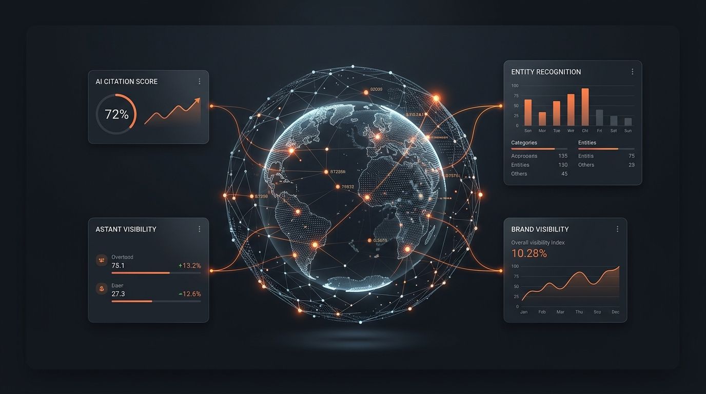 Dark dashboard showing AI citation score, entity recognition metrics, and brand visibility data for a GEO website audit