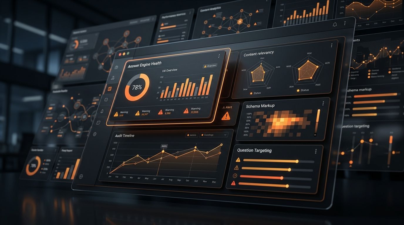 Abstract dark AEO audit dashboard with orange analytics panels and website visibility signals