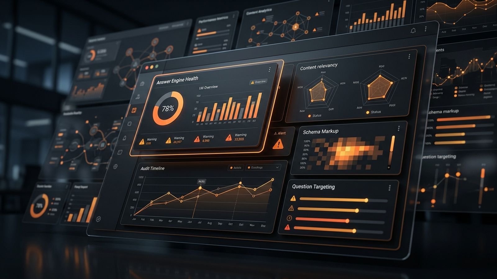 Abstract dark AEO audit dashboard with orange analytics panels and website visibility signals Abstract dark AEO audit dashboard with orange analytics panels and website visibility signals