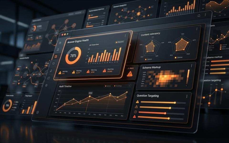 Abstract dark AEO audit dashboard with orange analytics panels and website visibility signals Abstract dark AEO audit dashboard with orange analytics panels and website visibility signals