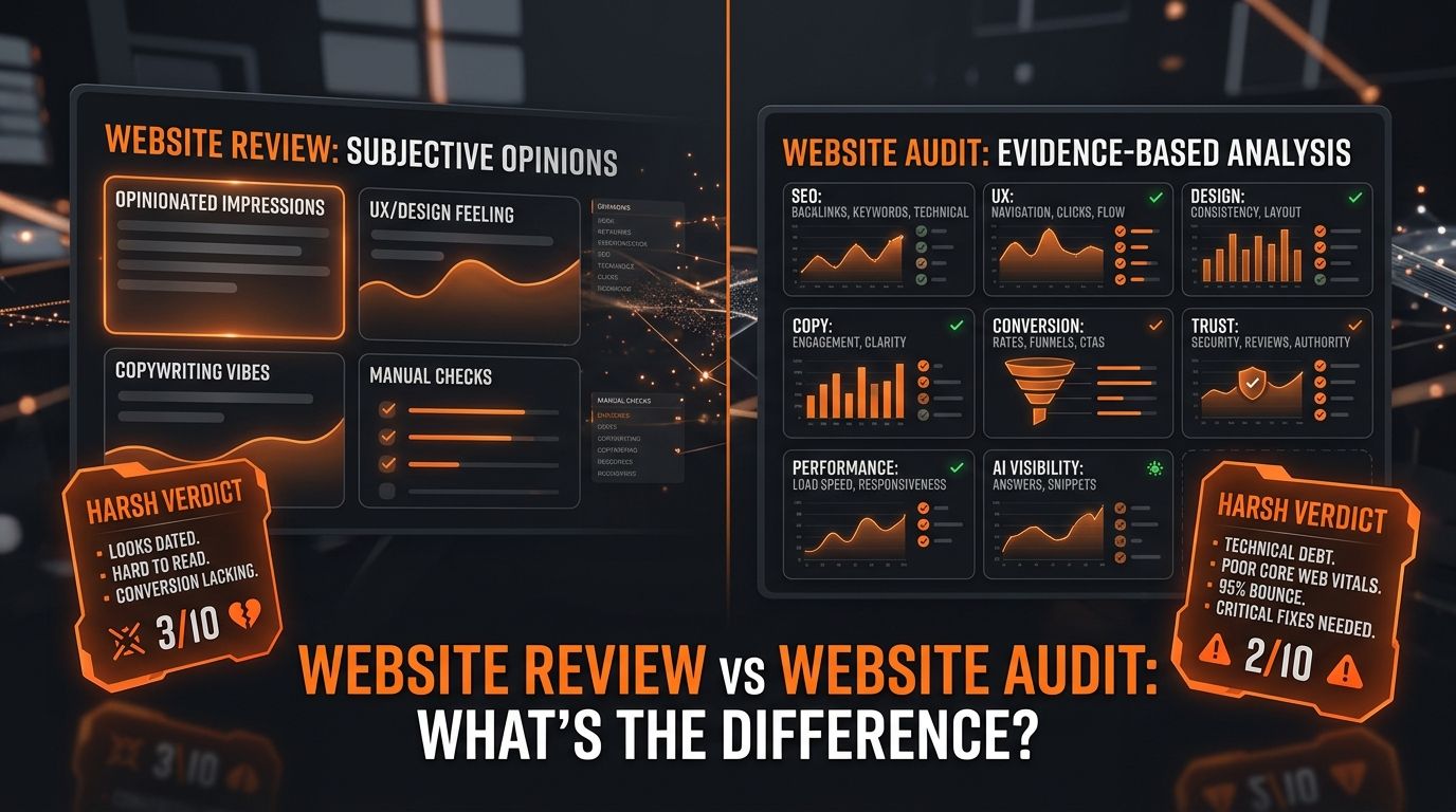 Dark SavageAudit dashboard comparing subjective website review with evidence-based website audit.