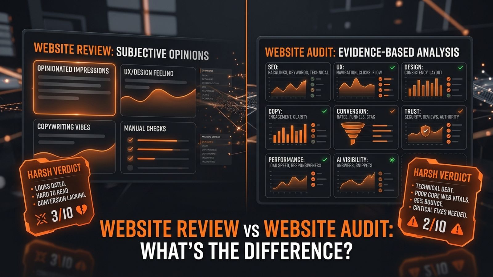 Dark SavageAudit dashboard comparing subjective website review with evidence-based website audit. Dark SavageAudit dashboard comparing subjective website review with evidence-based website audit.