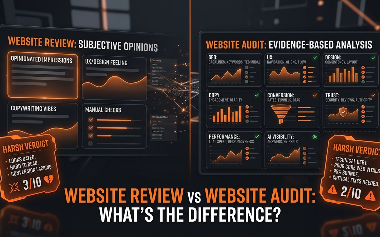 Dark SavageAudit dashboard comparing subjective website review with evidence-based website audit. Dark SavageAudit dashboard comparing subjective website review with evidence-based website audit.