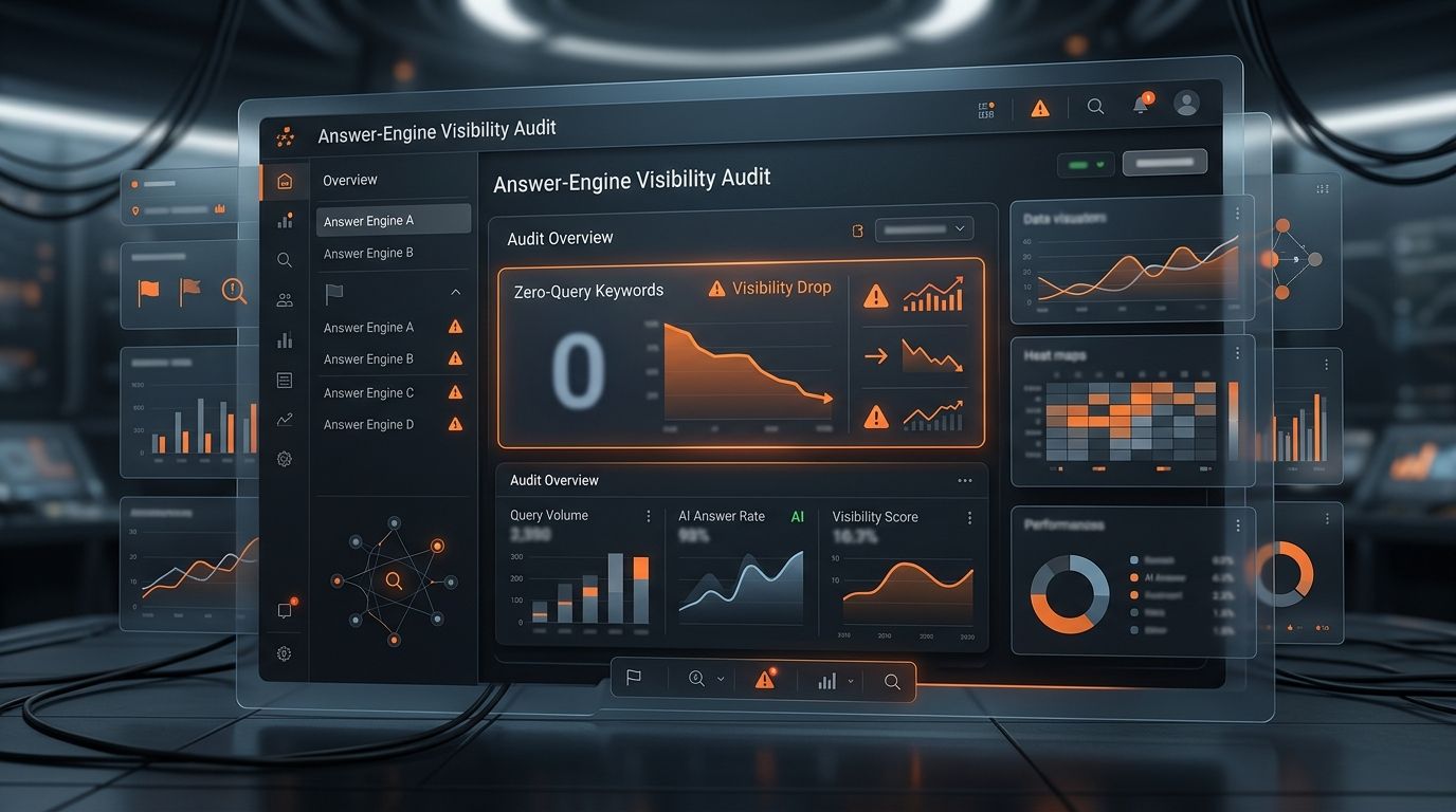 Abstract dark AEO reporting dashboard with orange audit indicators and layered analytics panels.