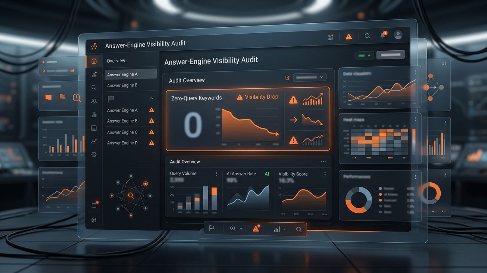Abstract dark AEO reporting dashboard with orange audit indicators and layered analytics panels. Abstract dark AEO reporting dashboard with orange audit indicators and layered analytics panels.